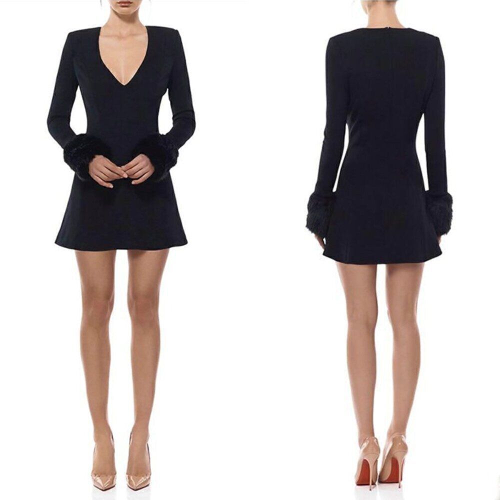 MISHA COLLECTION black faux fur trim cuff long sleeve v-neck cocktail mini dress